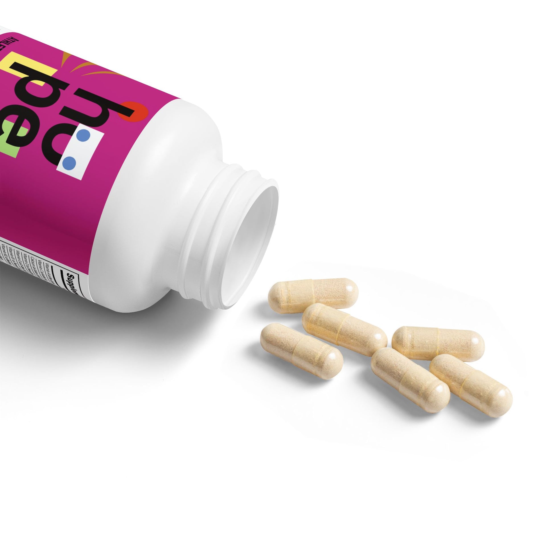 Close-up view of Multivitamin for Women gummies spilling out of an open bottle, showcasing their vibrant colors and shapes.