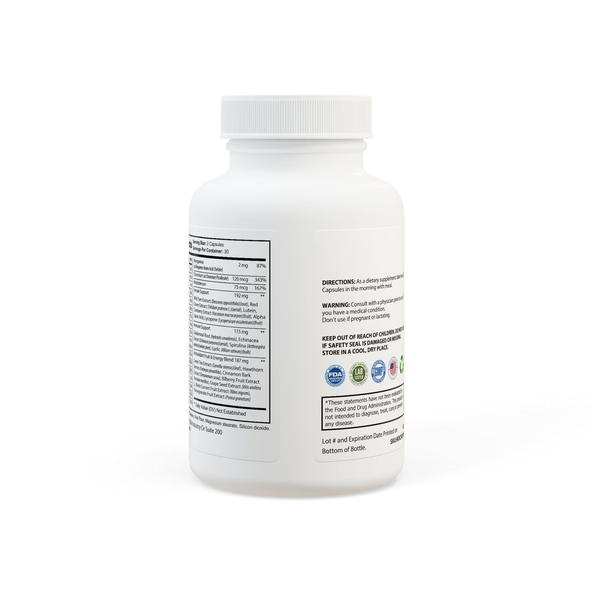 Back view of Multivitamin for Women bottle, featuring detailed product information, supplement facts, and ingredient list.