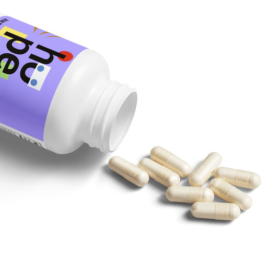 Product detail view of Mushroom Blend Supplement, showing capsules in open bottle