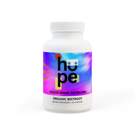Front bottle view of Organic Beetroot Powder Supplement, showcasing the product label with key benefits such as unlocking fitness potential and boosting performance
