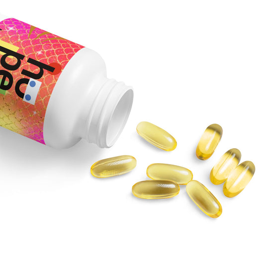 Open bottle of Pure Omega-3 Fish Oil Capsules, showcasing softgels inside and highlighting product details