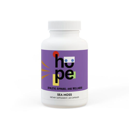 Front view of Sea Moss Supplement bottle, displaying product name and benefits