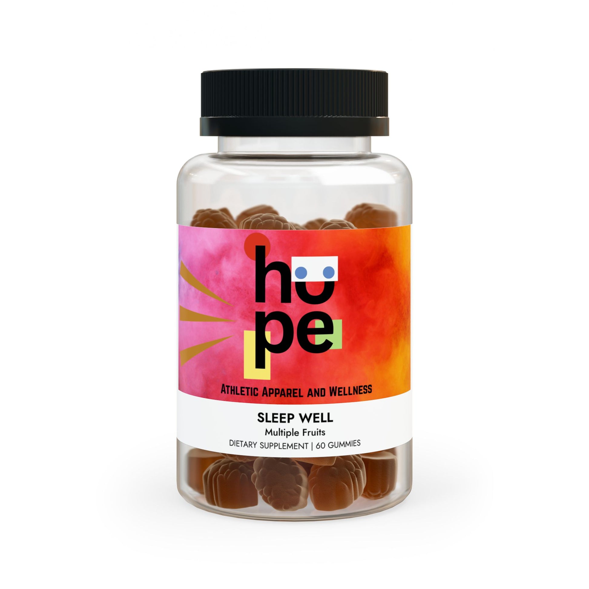 Front view of Sleep Well Gummies Supplement bottle, showcasing product name and highlighting benefits of healthy sleep patterns and circadian rhythms