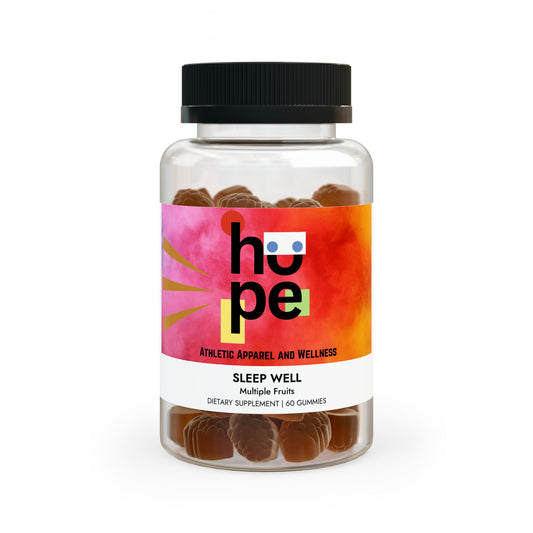 Front view of Sleep Well Gummies Supplement bottle, showcasing product name and highlighting benefits of healthy sleep patterns and circadian rhythms