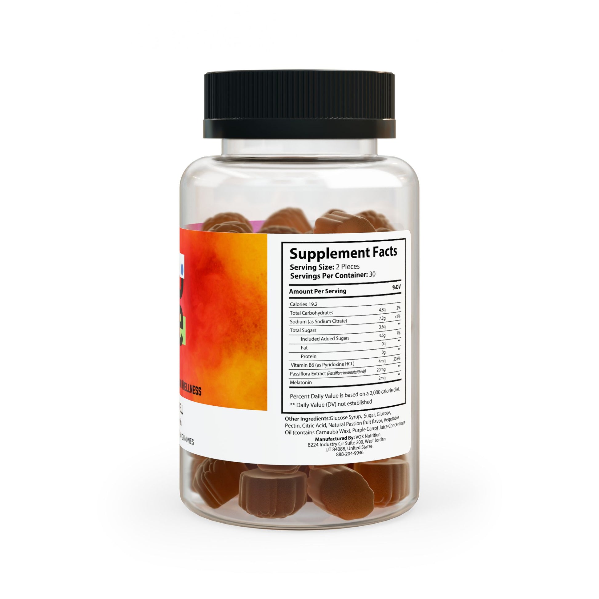 Second side view of Sleep Well Gummies Supplement bottle, displaying Supplement Facts label with nutrition information and ingredient list