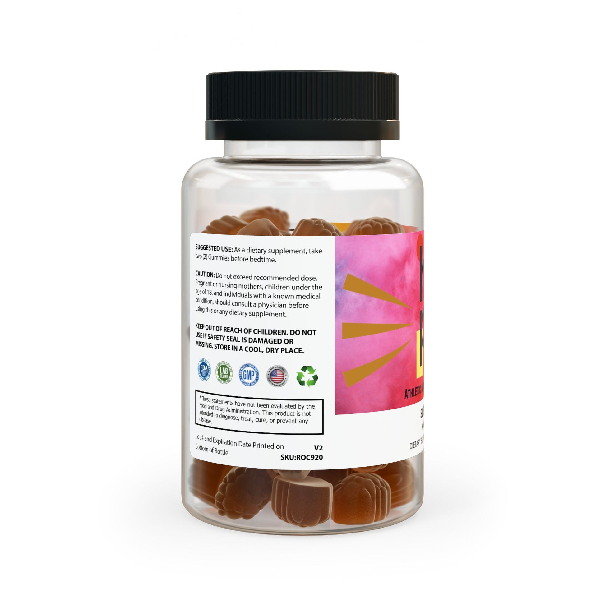 Side view of Sleep Well Gummies Supplement bottle, displaying product information, ingredients, or directions
