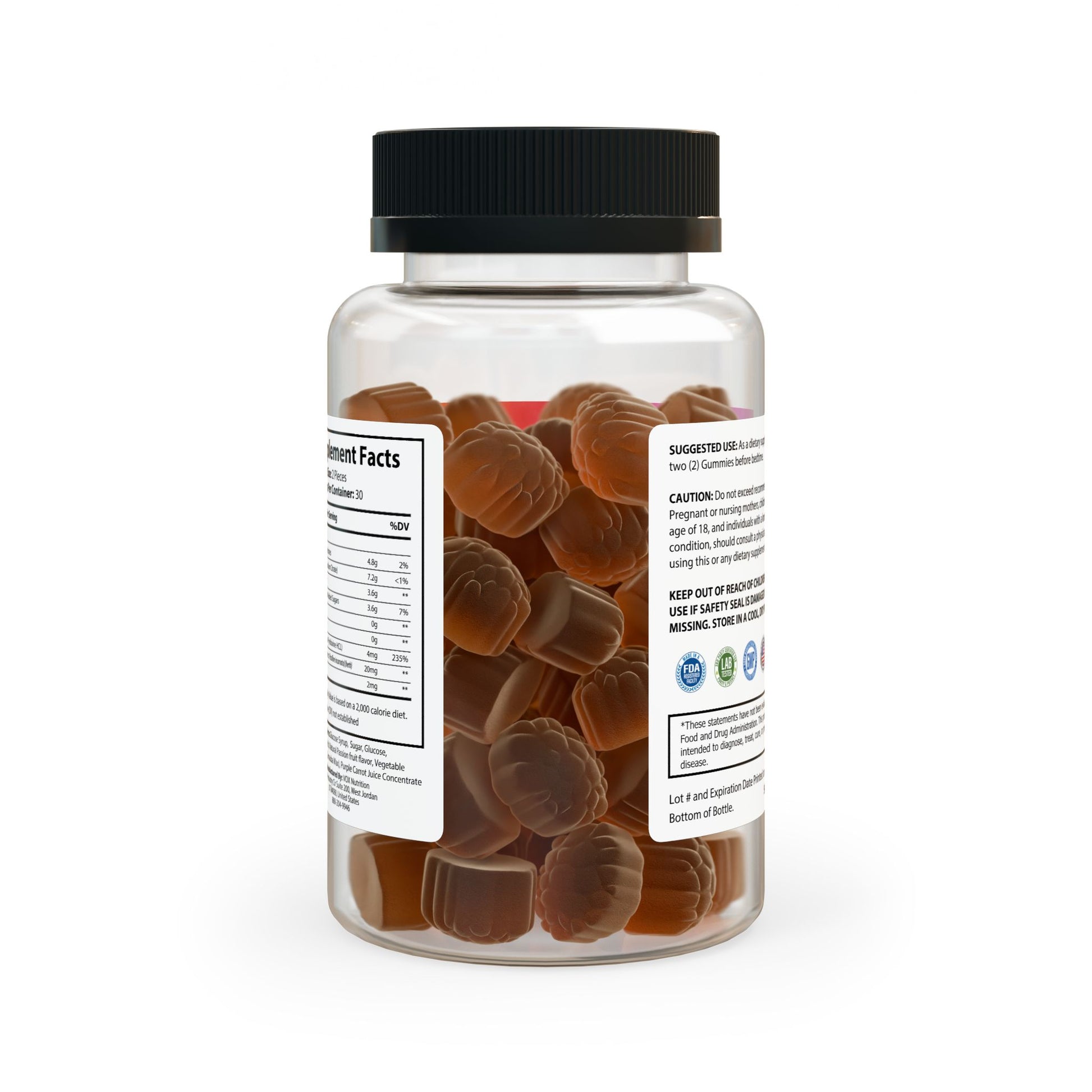 Third side view of Sleep Well Gummies Supplement bottle, showcasing product packaging design and details