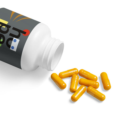 Open bottle of Turmeric with BioPerine supplement, showcasing capsules inside, highlighting product details for joint health and recovery support