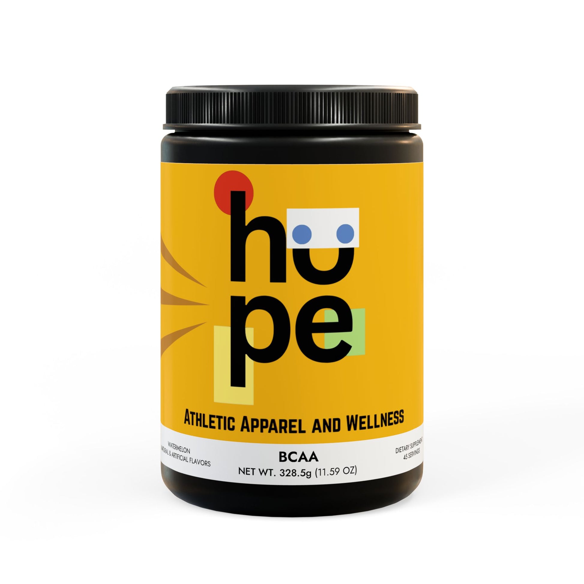 Front view of Watermelon BCAA Supplement container, showcasing product name and highlighting benefits of exercise performance and recovery