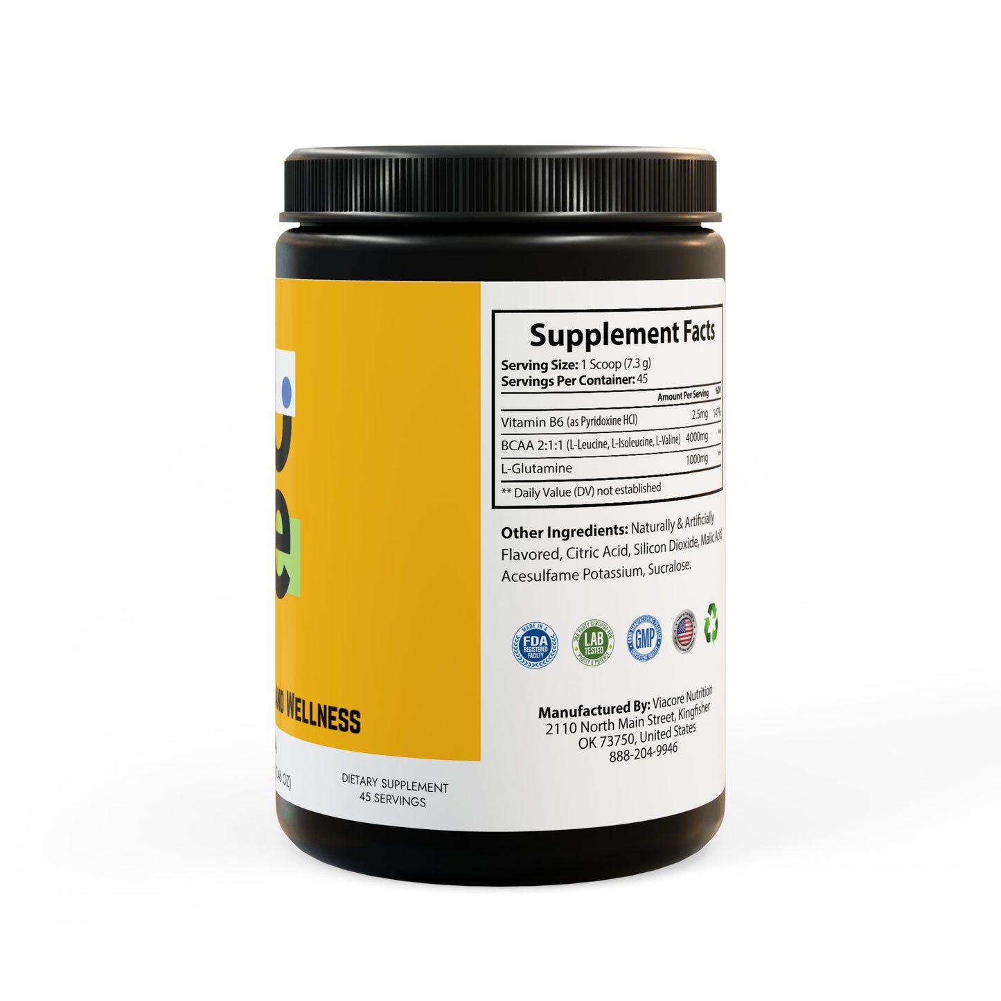 Second side view of Watermelon BCAA Supplement container, displaying Supplement Facts label with nutrition information and ingredient list