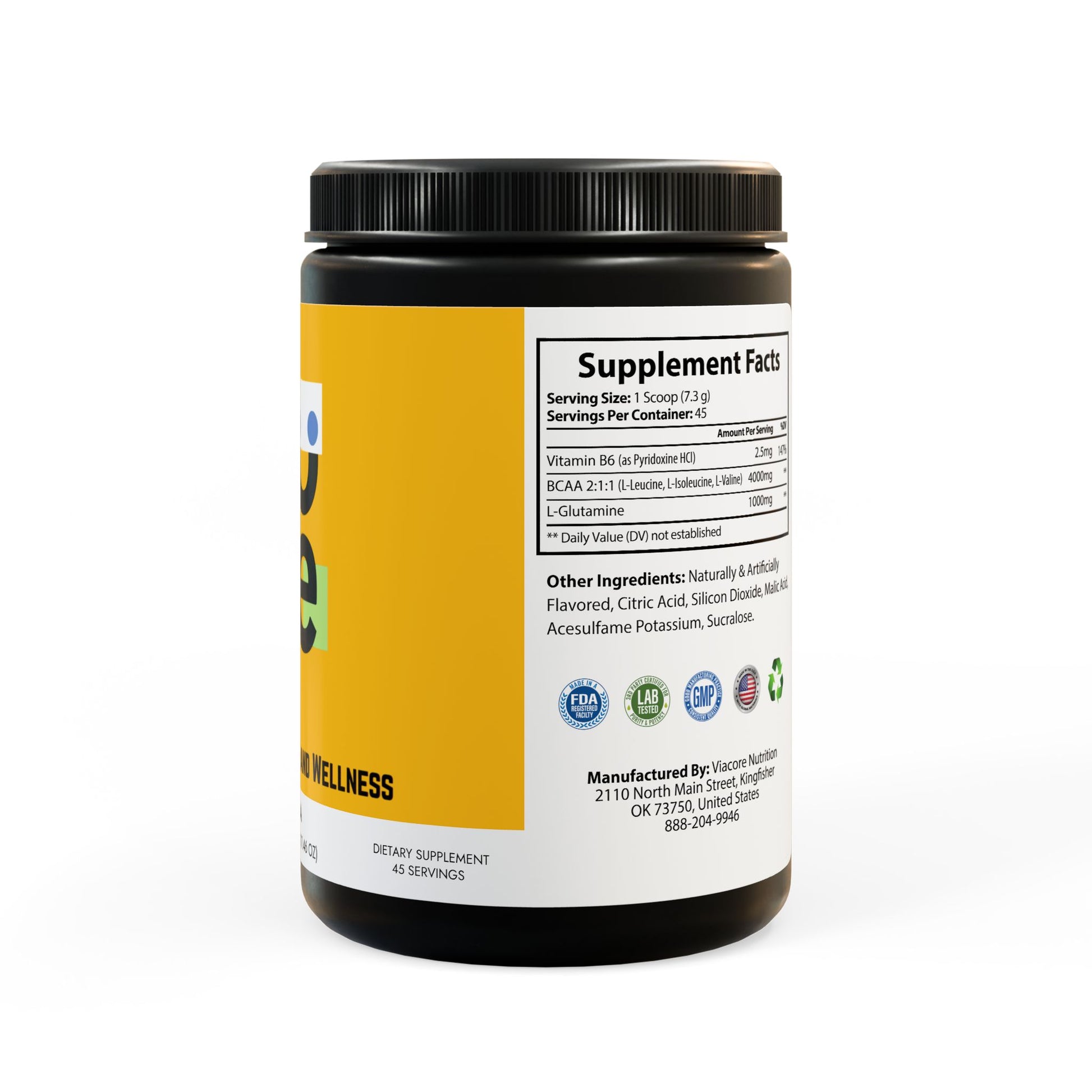Second side view of Watermelon BCAA Supplement container, displaying Supplement Facts label with nutrition information and ingredient list