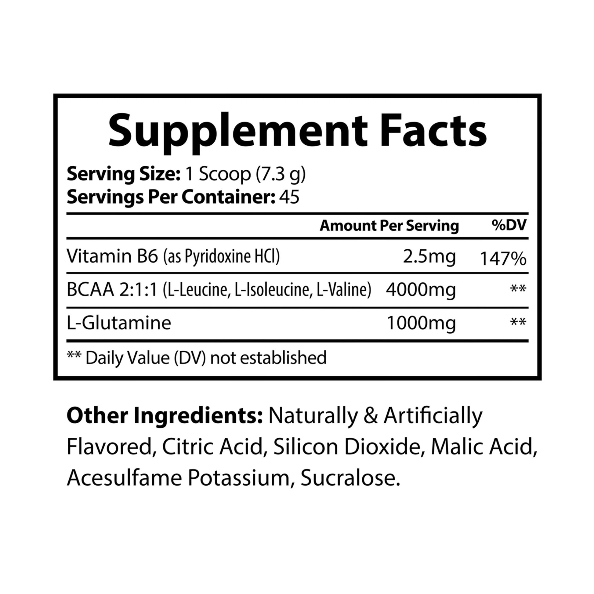 Supplement Facts label view of Watermelon BCAA Supplement, displaying nutrition information, ingredients, and serving size