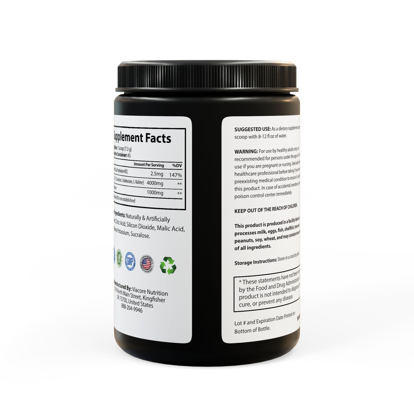 Back view of Watermelon BCAA Supplement container, showcasing certifications, warnings, or additional product information