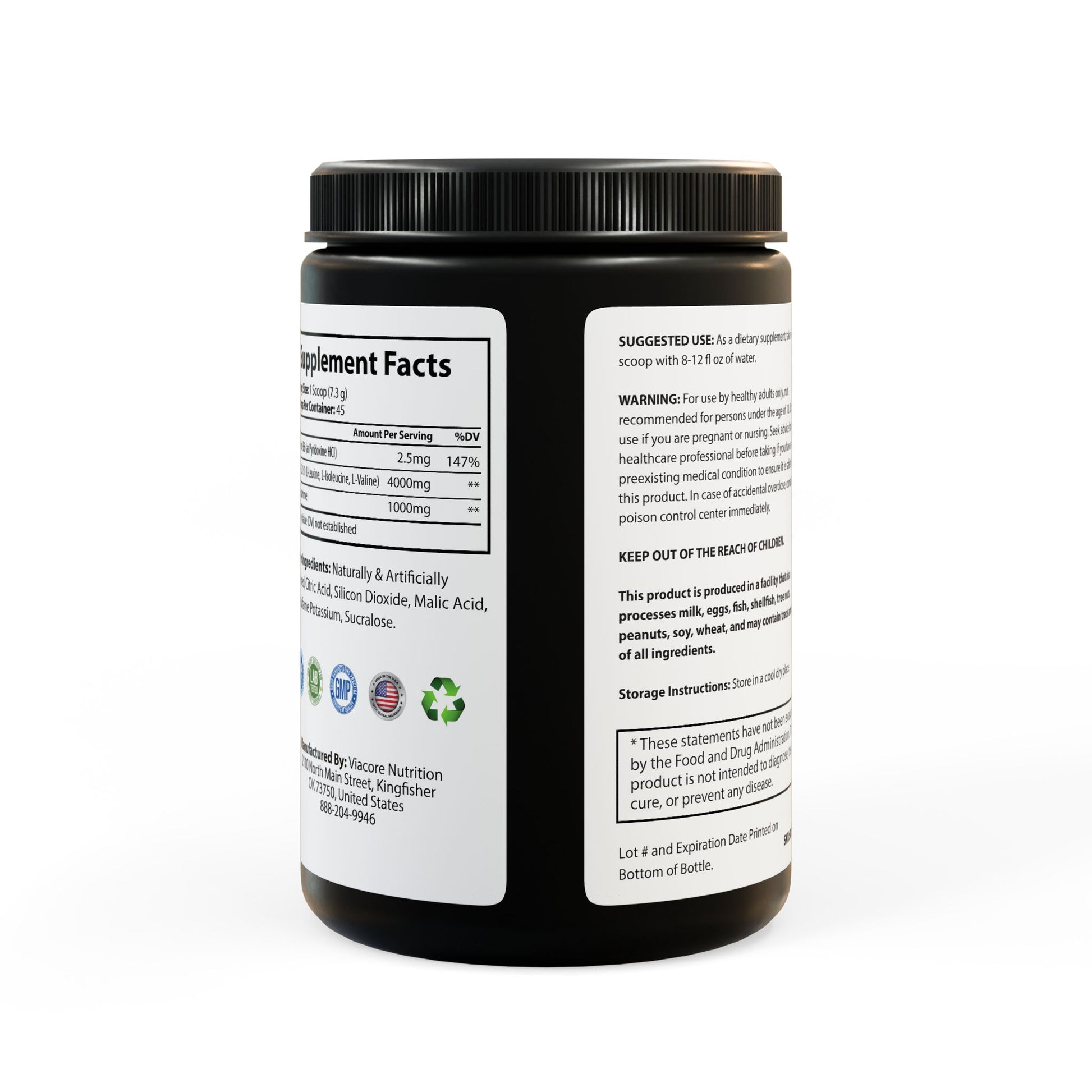 Back view of Watermelon BCAA Supplement container, showcasing certifications, warnings, or additional product information