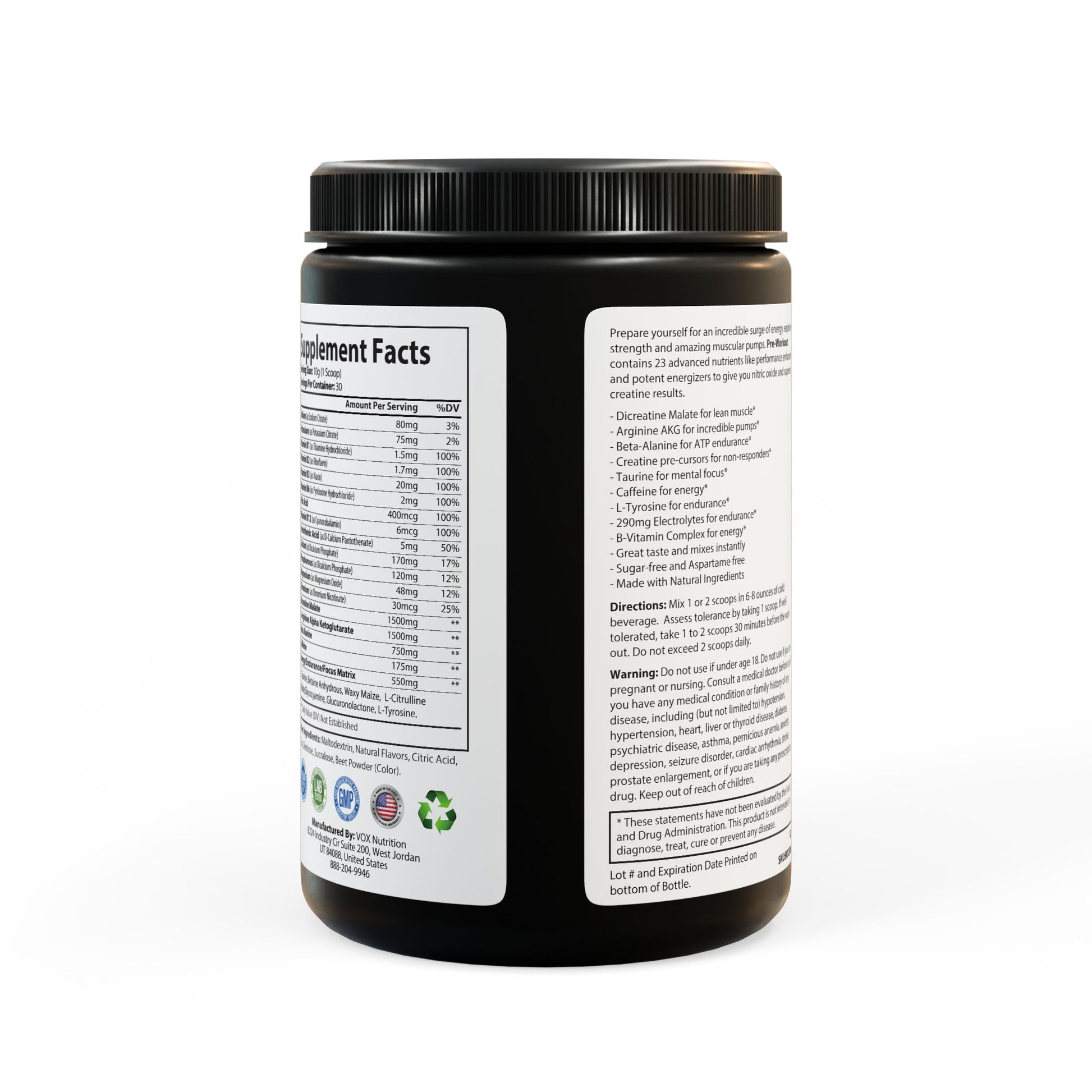 Back label of Watermelon Pre-Workout Supplement, 300g (10.58oz), showing Supplement Facts, ingredients, and usage instructions.