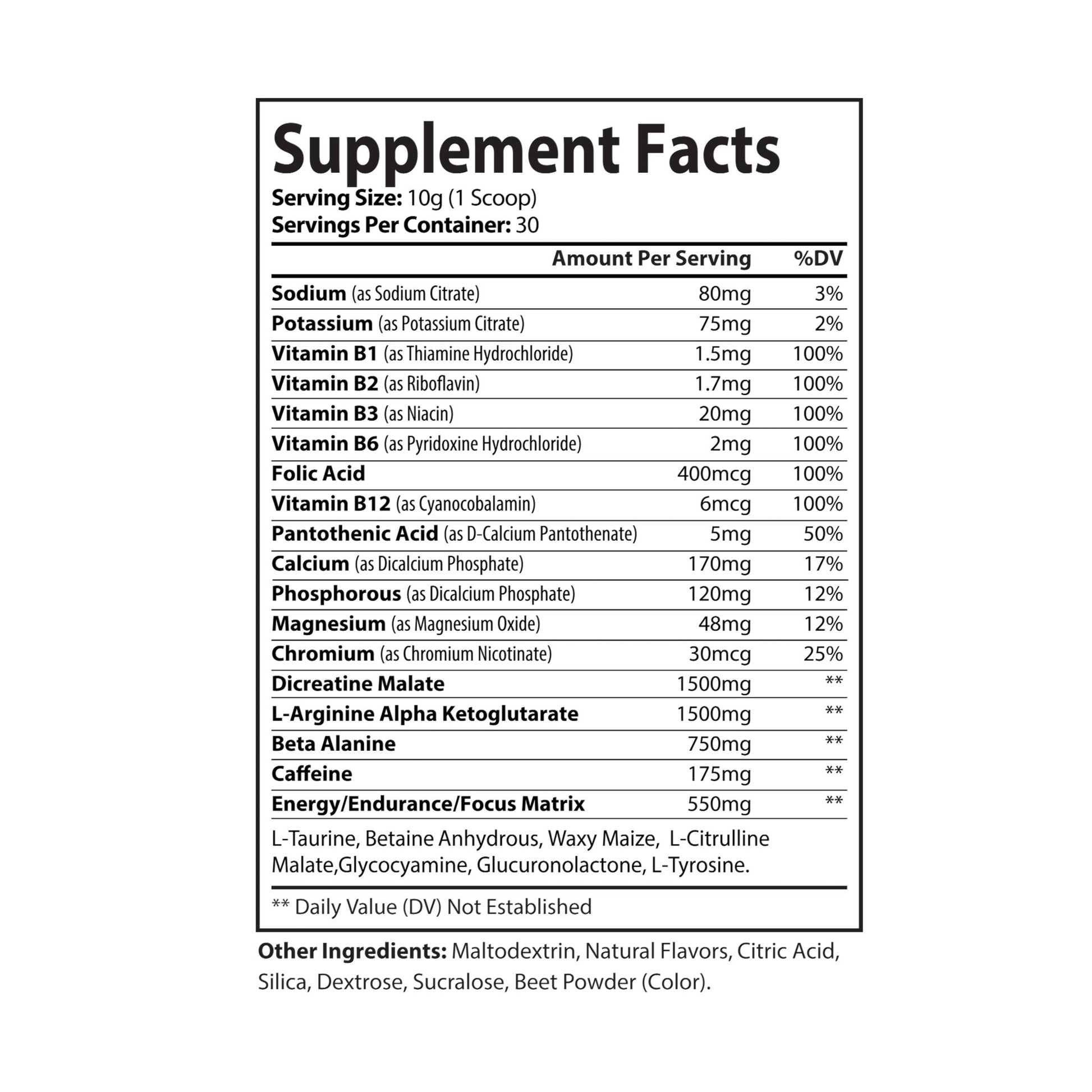 Supplement Facts label of Watermelon Pre-Workout Supplement, 300g (10.58oz), detailing nutrition information and ingredients.