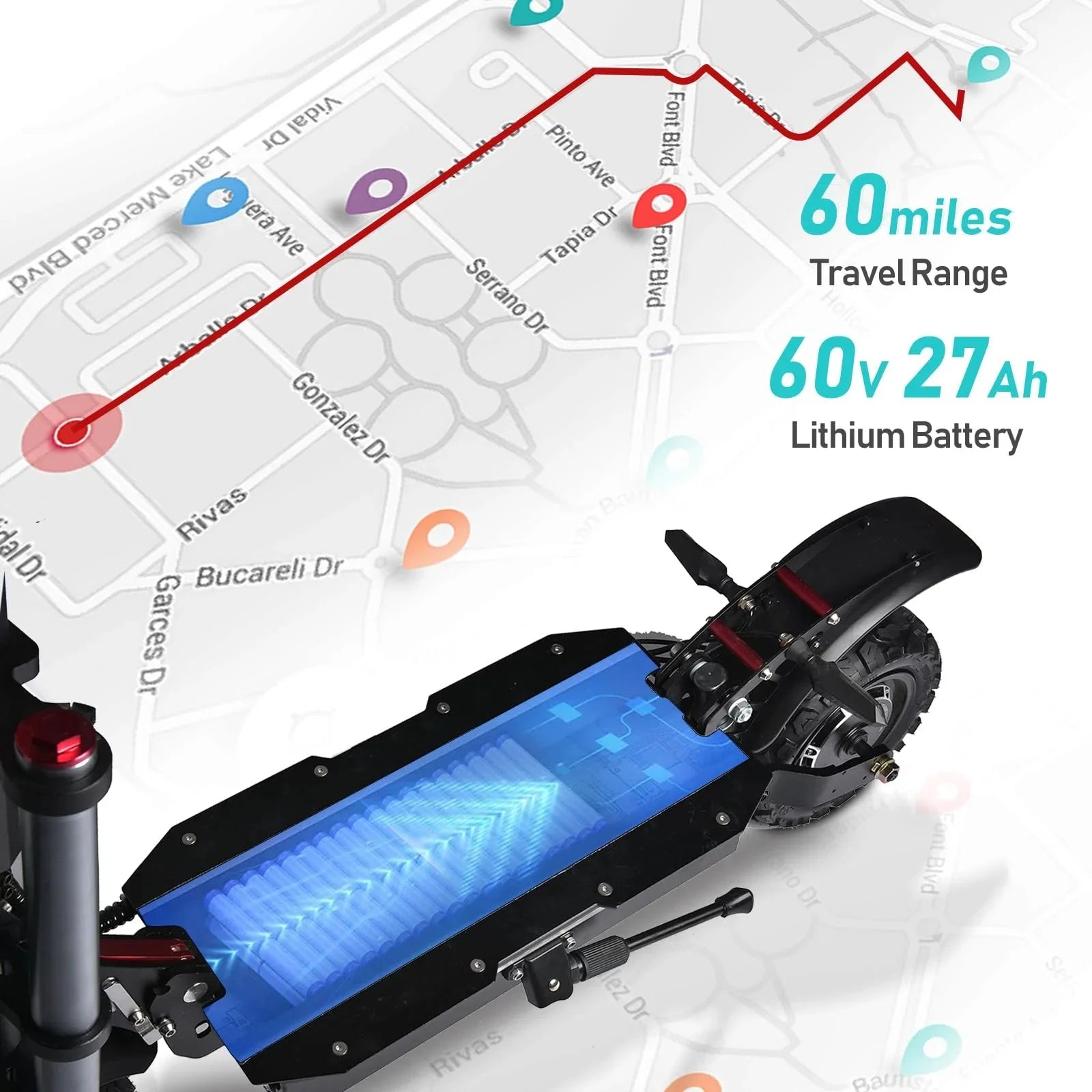 Electric Scooter, Folding Scooter, Dual Motor 60V27AH Battery, Dual Disc Hydraulic Oil Brake, Dual Shock Absorption, with Seat