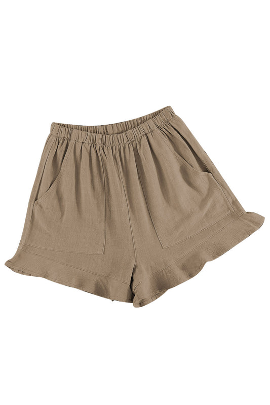 Khaki High Waist Pocketed Ruffle Shorts -