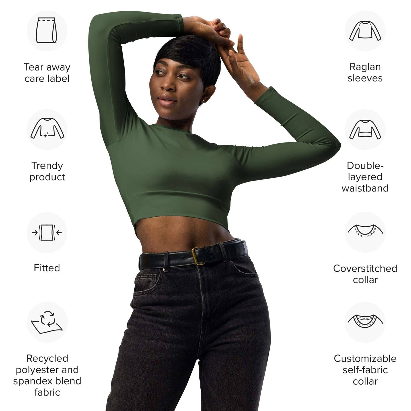 Women's Olive Green Crop Top - Recycled Long-Sleeve Style -