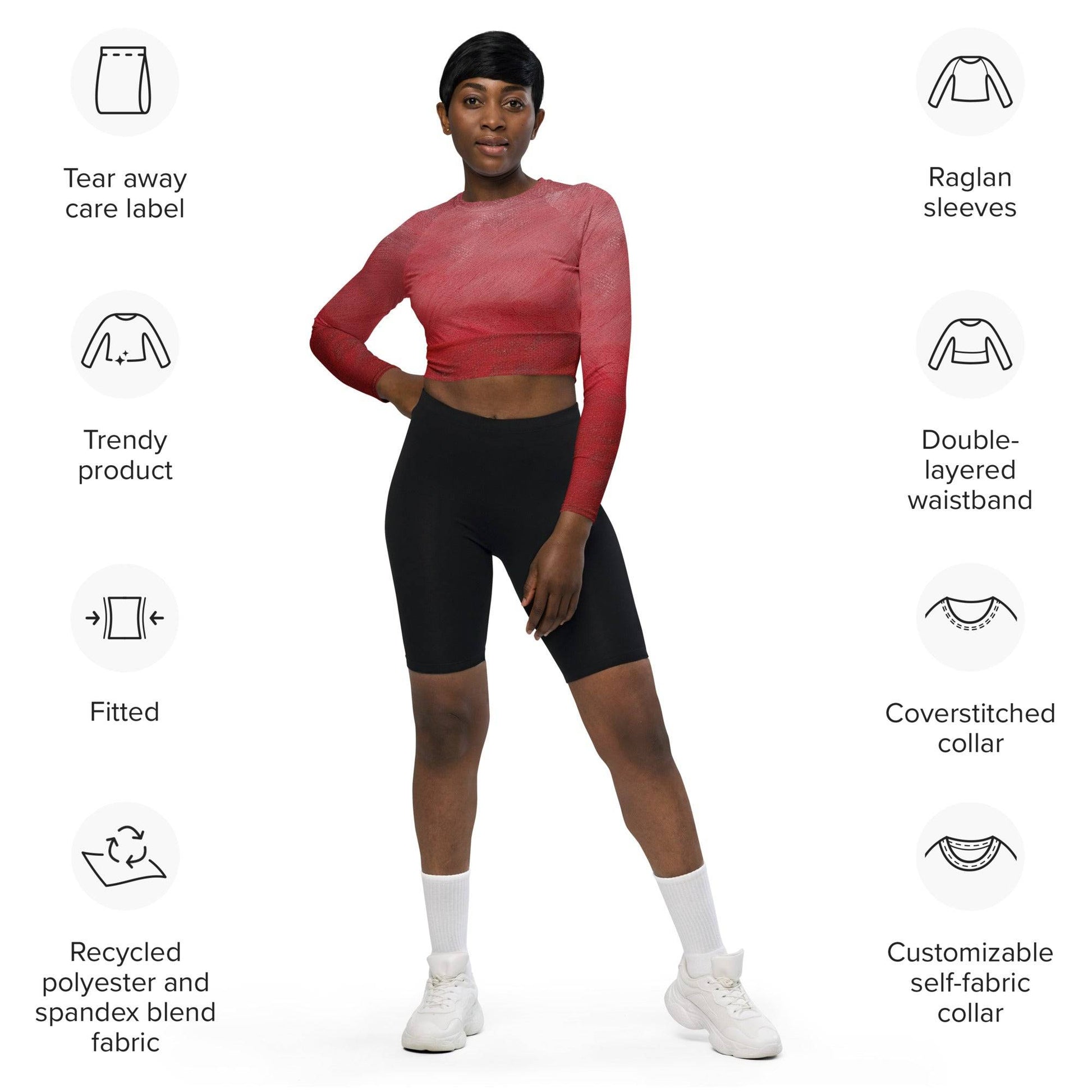 Women's Eco-Friendly Crop Top - Recycled Long Sleeve in Red for Sustainable Fashion -