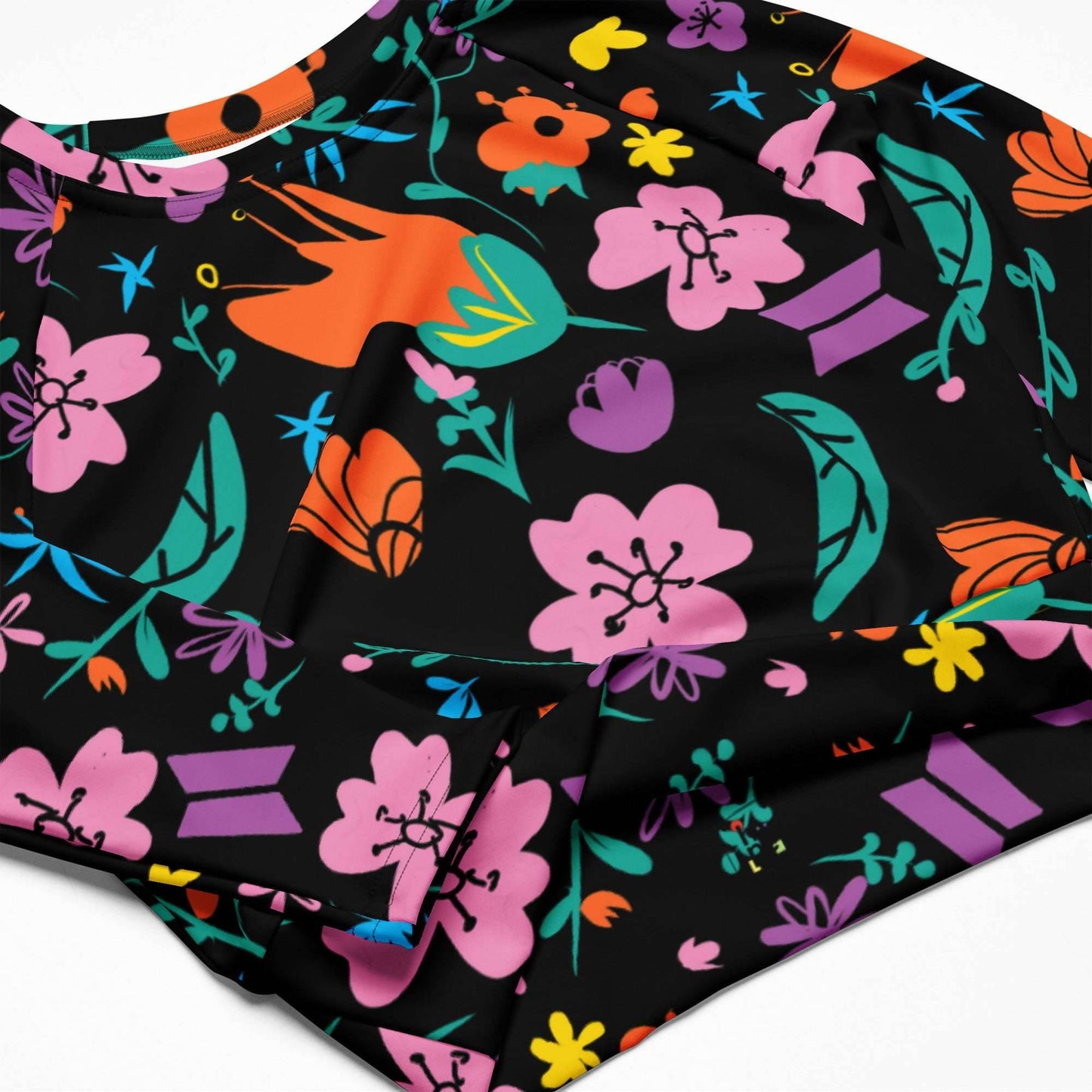 Women's Floral Crop Top - Eco-Friendly Long-Sleeve Floral Design -