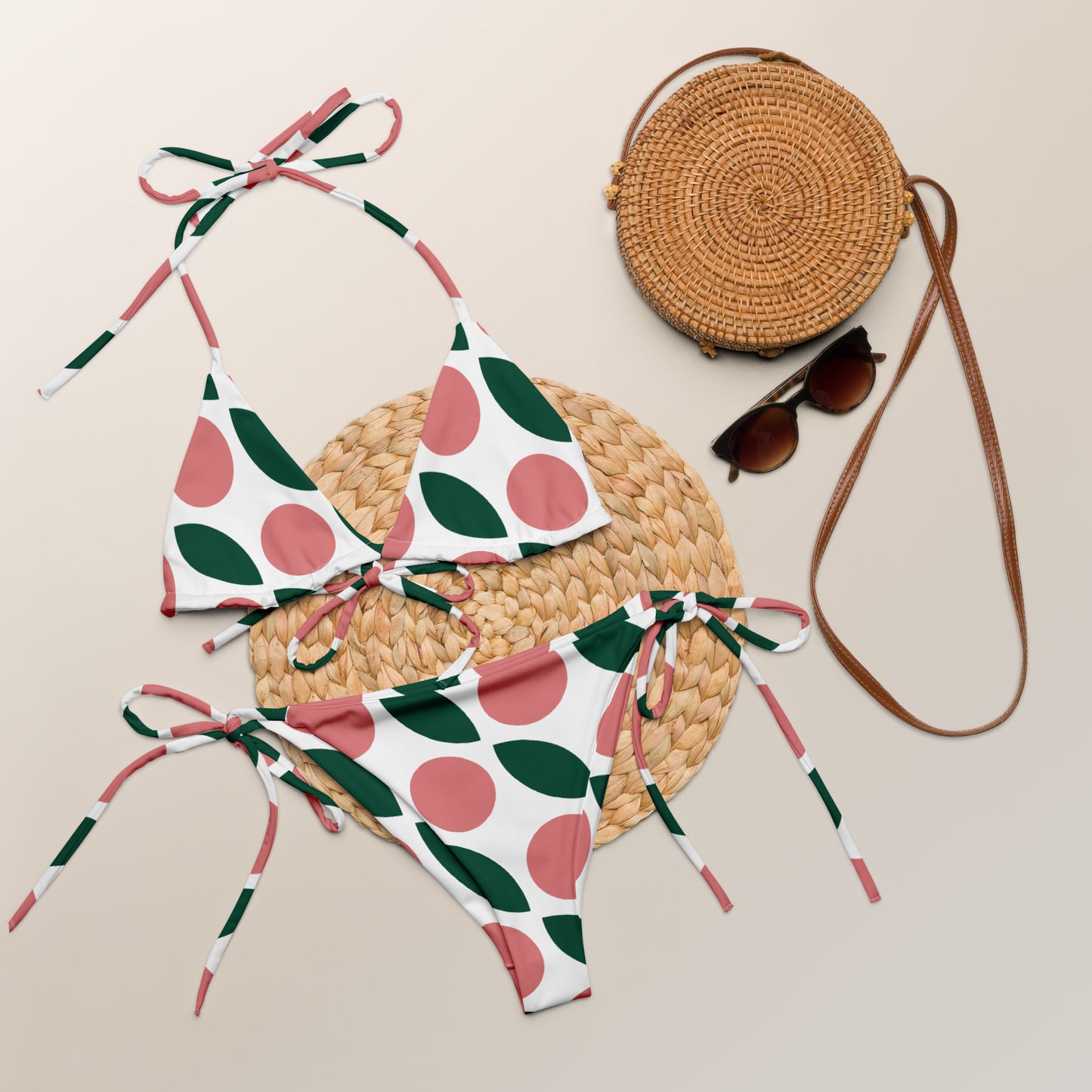 Women's Pink, Green, and White Recycled String Bikini - Eco-Friendly Swimwear