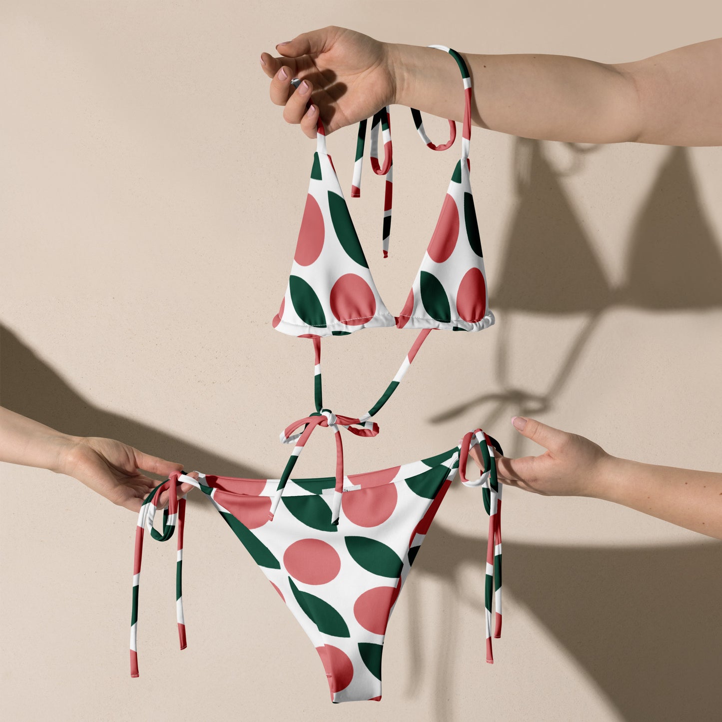 Women's Pink, Green, and White Recycled String Bikini - Eco-Friendly Swimwear