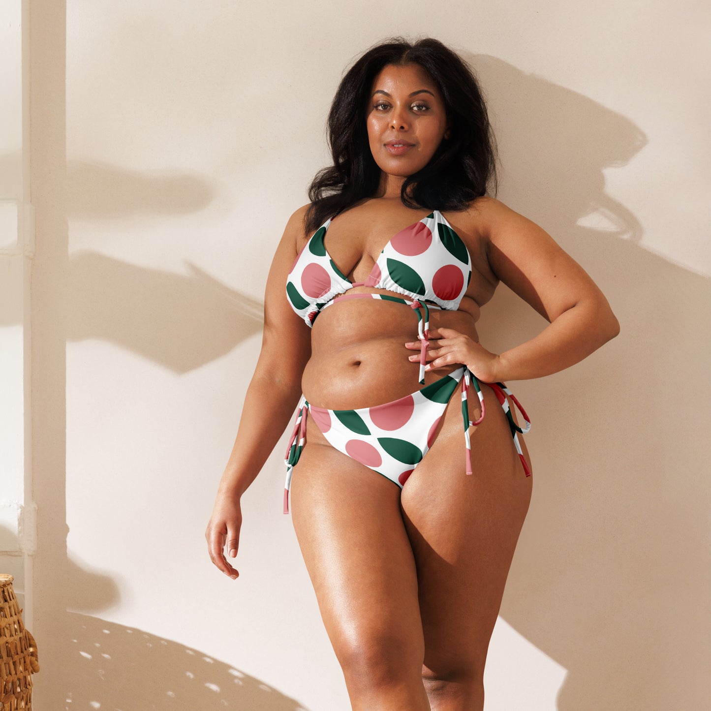 Women's Pink, Green, and White Recycled String Bikini - Eco-Friendly Swimwear