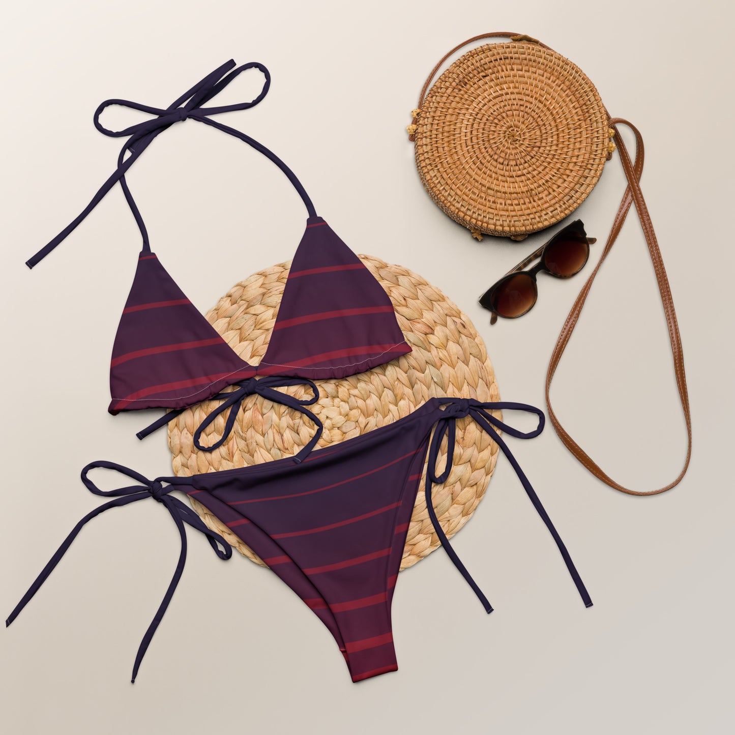 Women's Dark Pink Navy Blue Print Recycled String Bikini - Sustainable Swimwear