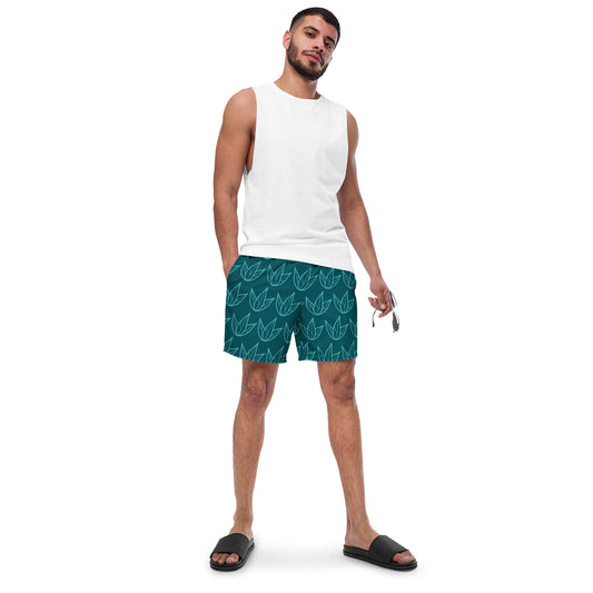 Men's Recycled Swim Trunks Green Leaves Pattern | Eco-Friendly Summer Swimwear