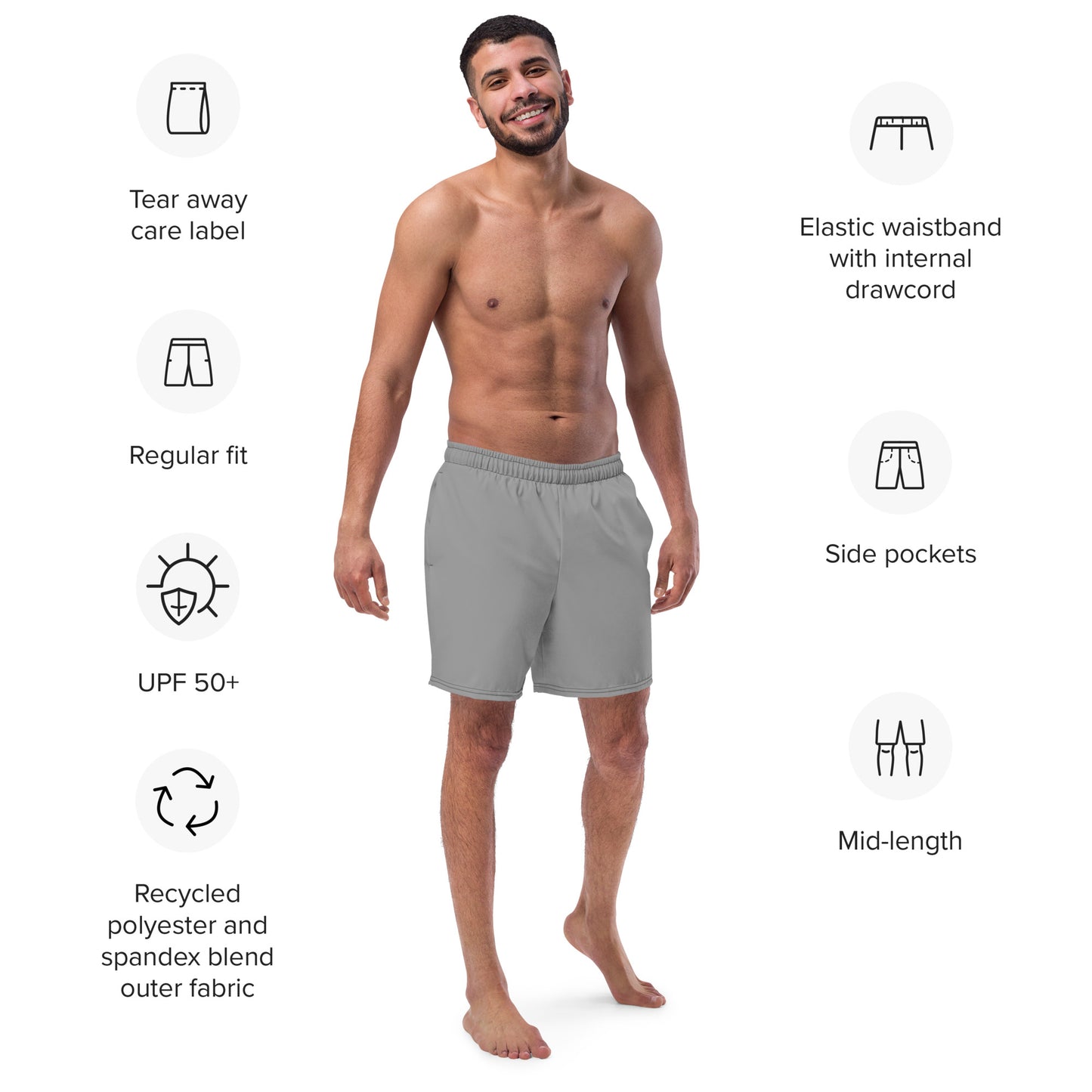 Recycled Swim Trunks Gray - Eco-Friendly Performance Swimwear