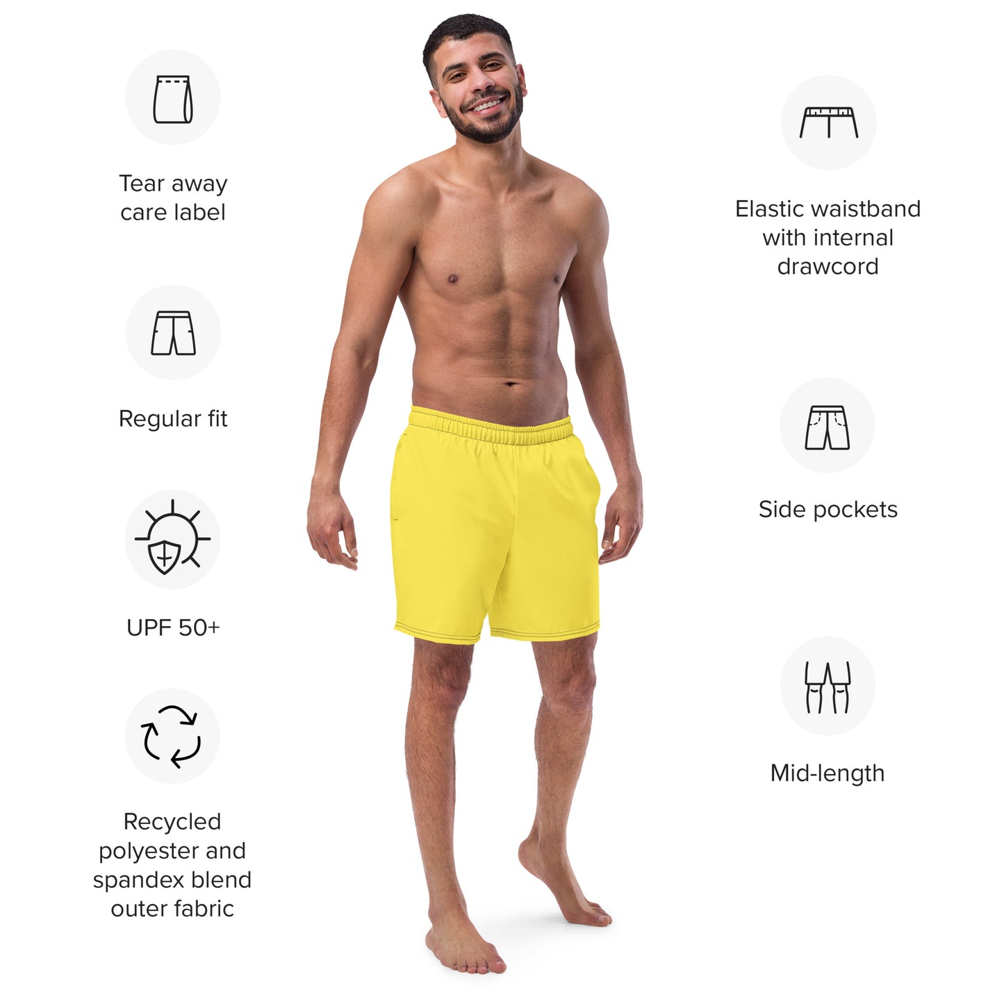 Recycled Swim Trunks Yellow Warning - Eco-Friendly Performance Swimwear