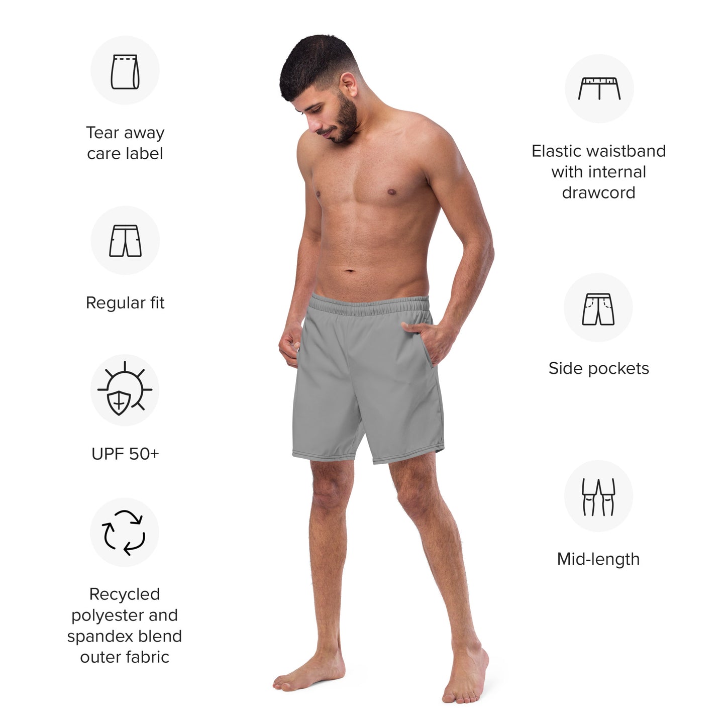 Recycled Swim Trunks Gray - Eco-Friendly Performance Swimwear