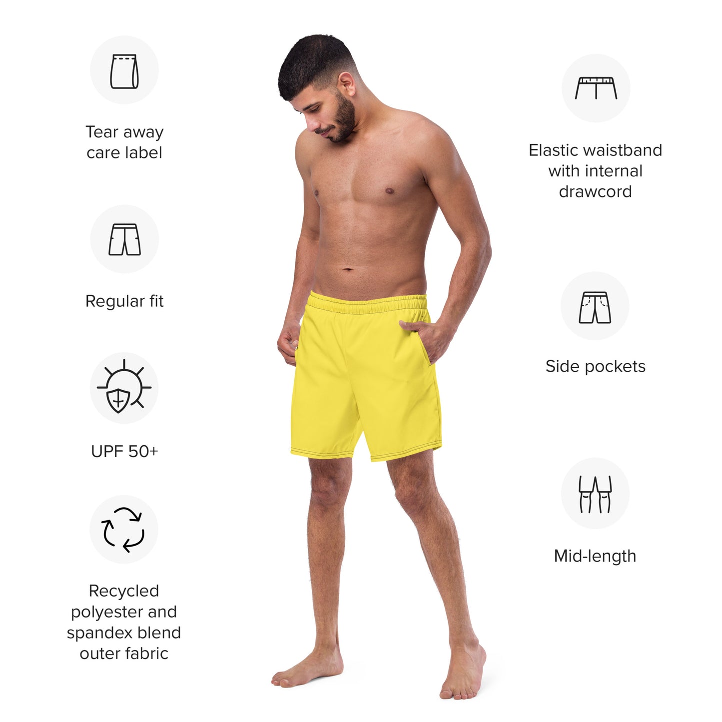 Recycled Swim Trunks Yellow Warning - Eco-Friendly Performance Swimwear