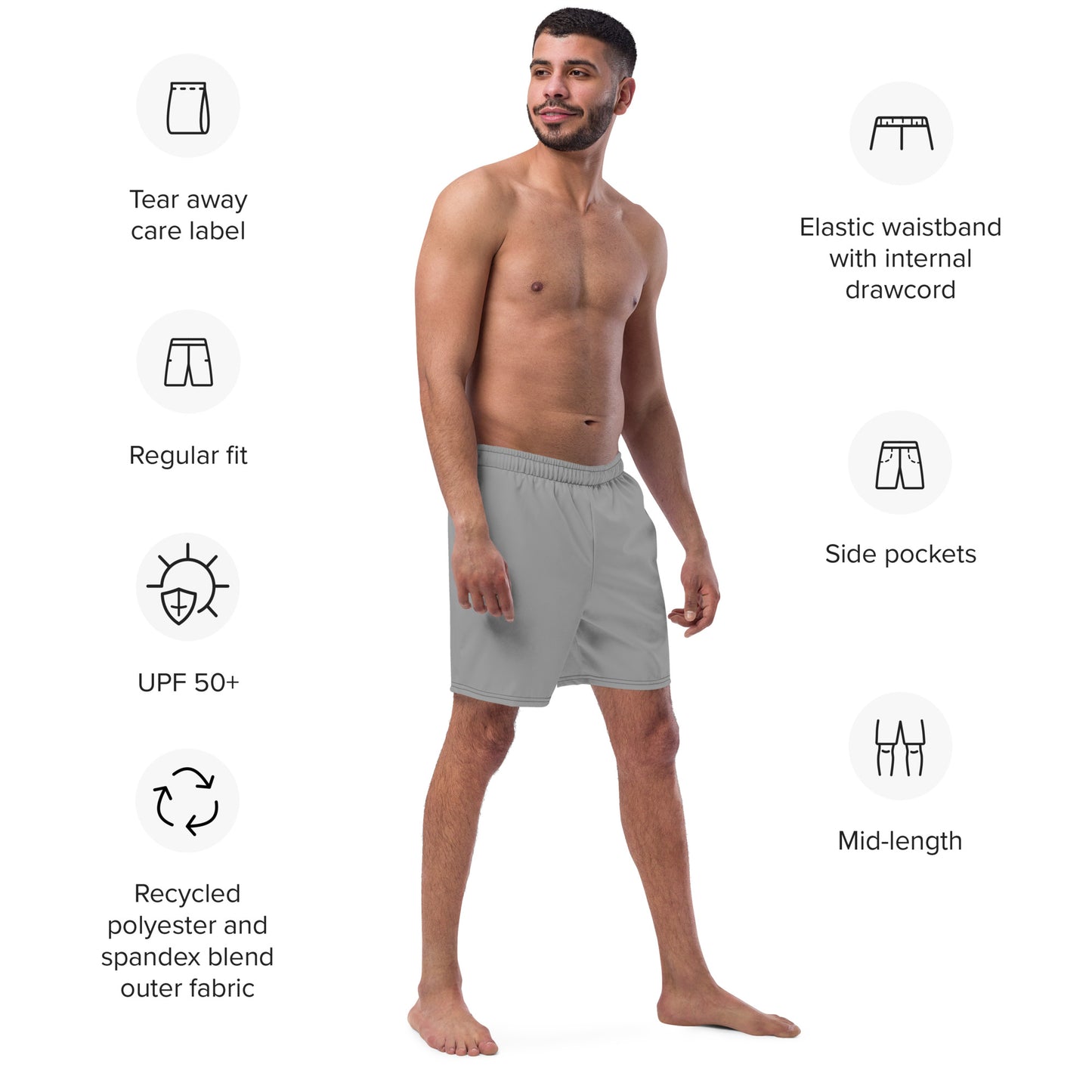 Recycled Swim Trunks Gray - Eco-Friendly Performance Swimwear