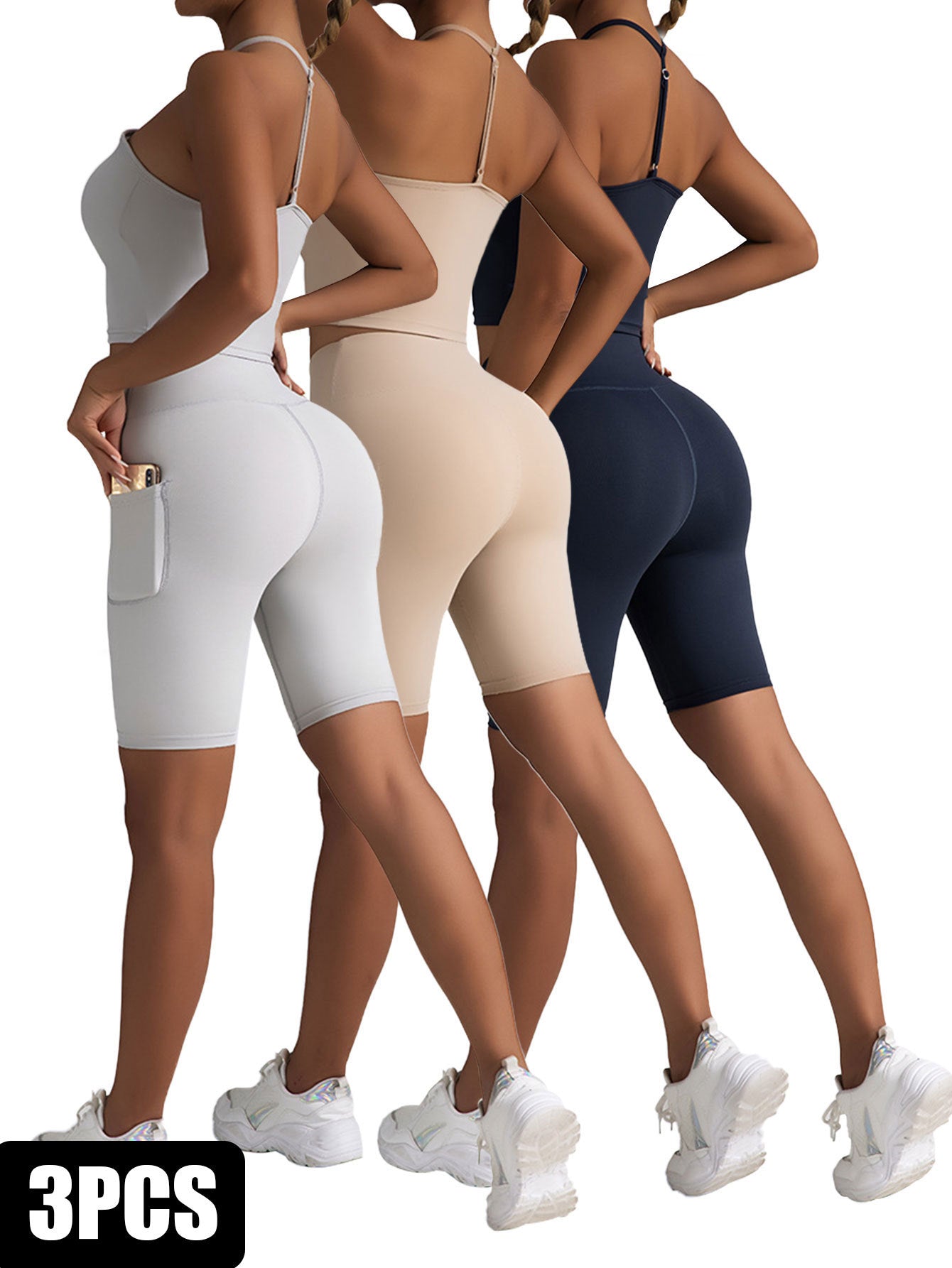 3 Pack High Waist Biker Shorts with Pockets - Tummy Control Running Workout Yoga Shorts
