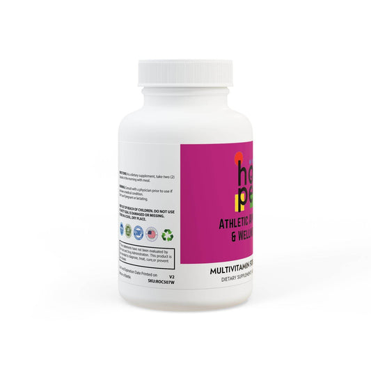 Printify women's daily multivitamin bottle with white cap and pink label for athletic health and wellness