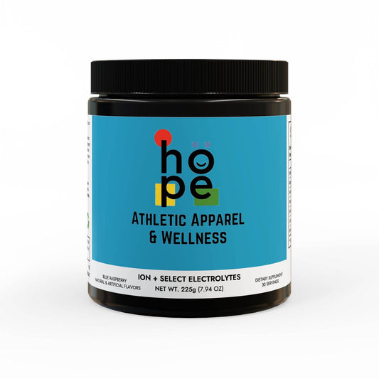ION electrolyte powder for recovery by Printify in a black jar with blue label for athletic wellness