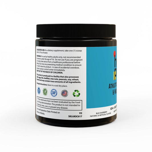 ION electrolyte powder for recovery in black container with blue label and black lid by Printify