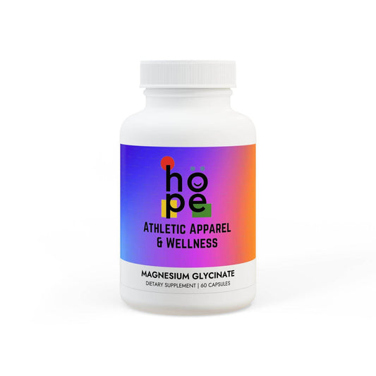 Bottle of magnesium glycinate supplement with colorful hope athletic apparel and wellness label