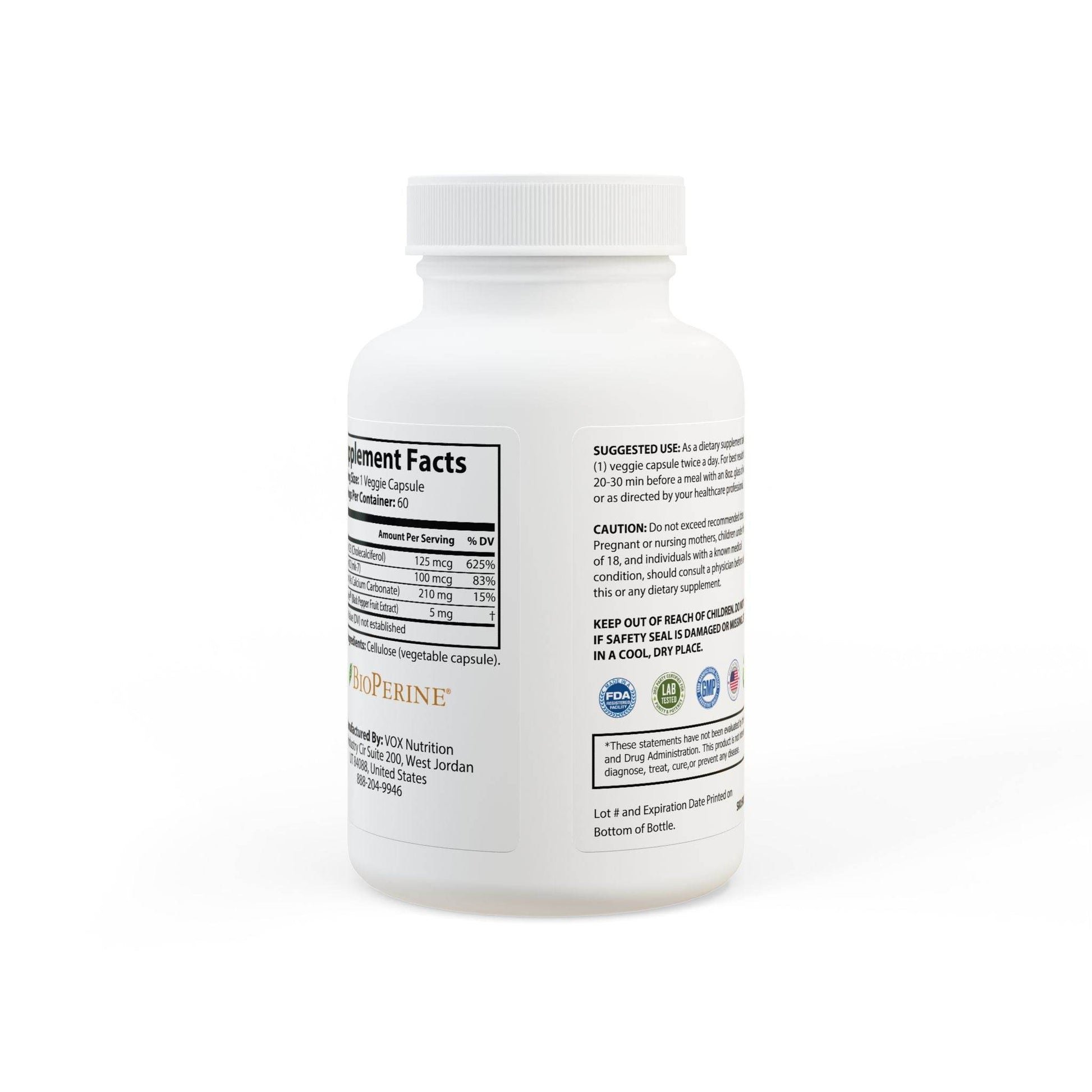 White bottle of muscle function support supplement by Printify with nutrition facts label