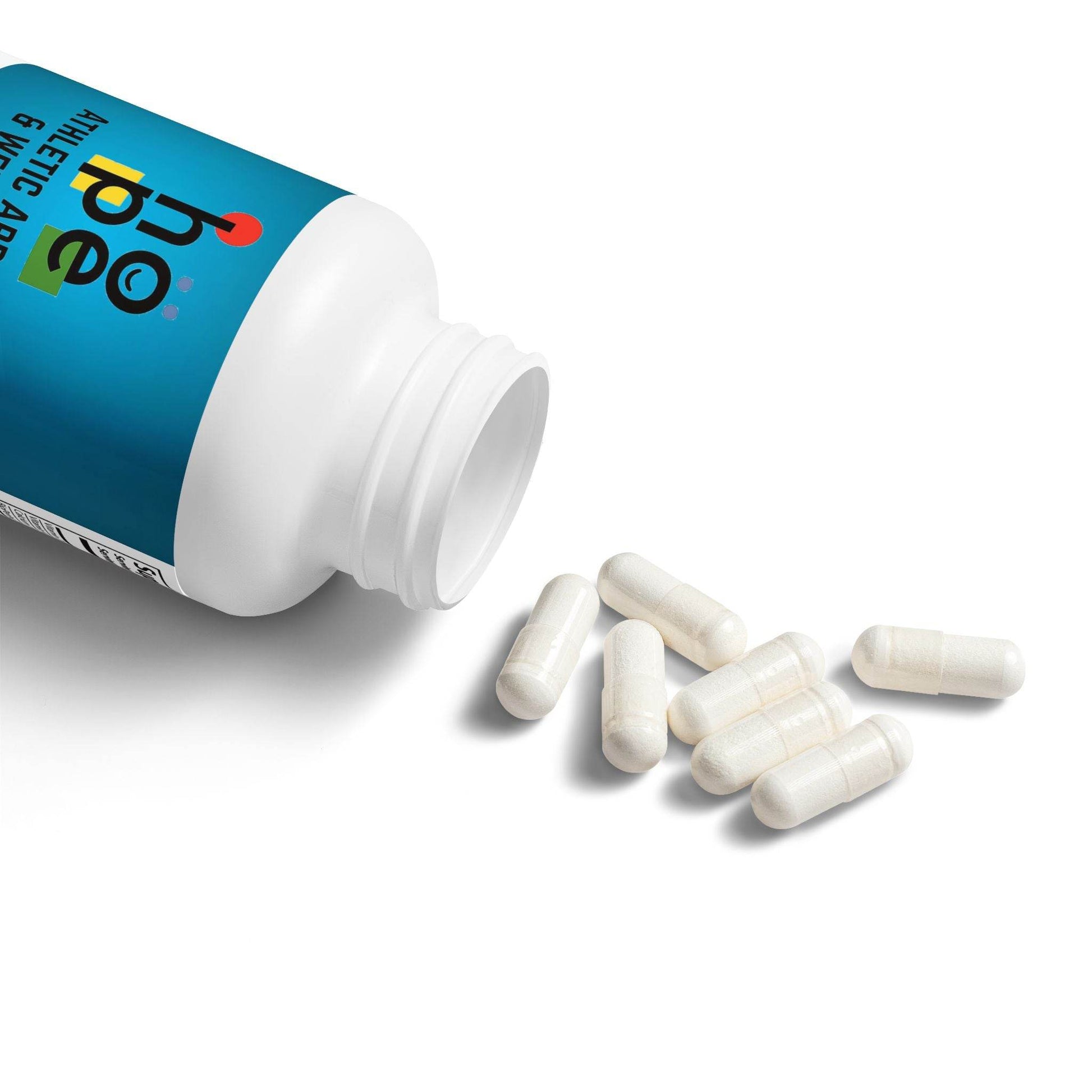 Open bottle of Printify muscle function support supplement with white capsules spilled on white surface