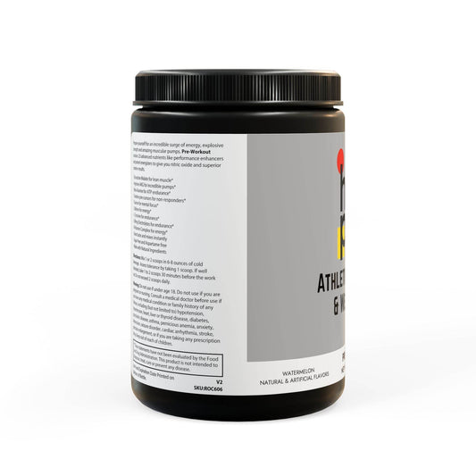 Printify watermelon pre-workout supplement powder in a black jar with nutrition label and gray packaging