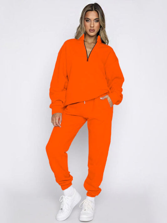 Women's Zip-Up Sweatshirt & Pants Set  Stand Collar & Solid Colors