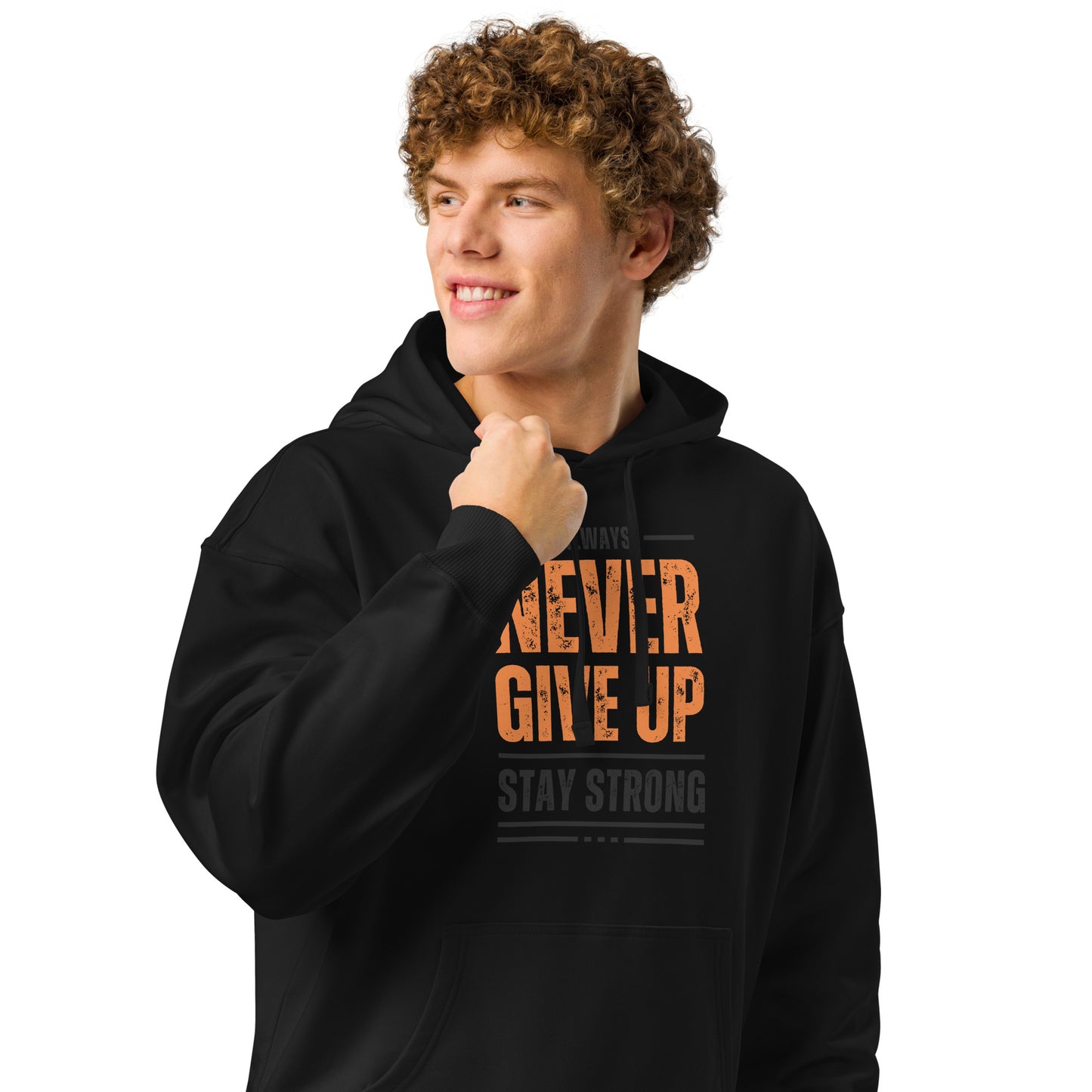 Men's Organic Relaxed Hoodie Never Give Up | Motivational Fitness Apparel