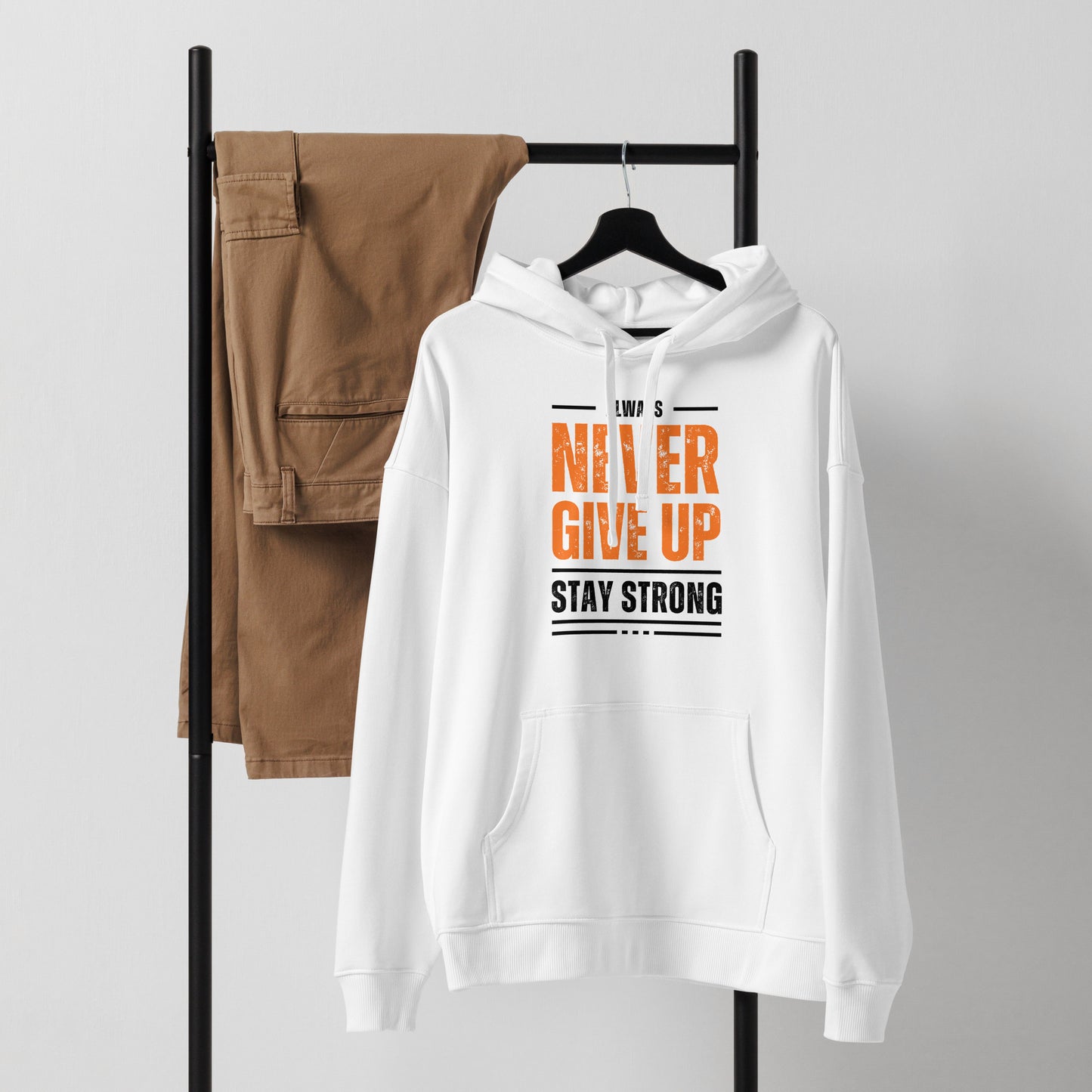 Men's Organic Relaxed Hoodie Never Give Up | Motivational Fitness Apparel