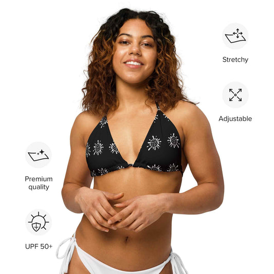 HOPE Athlete Apparel adjustable strap bikini top in black with white sun prints, stretchy premium quality swimwear