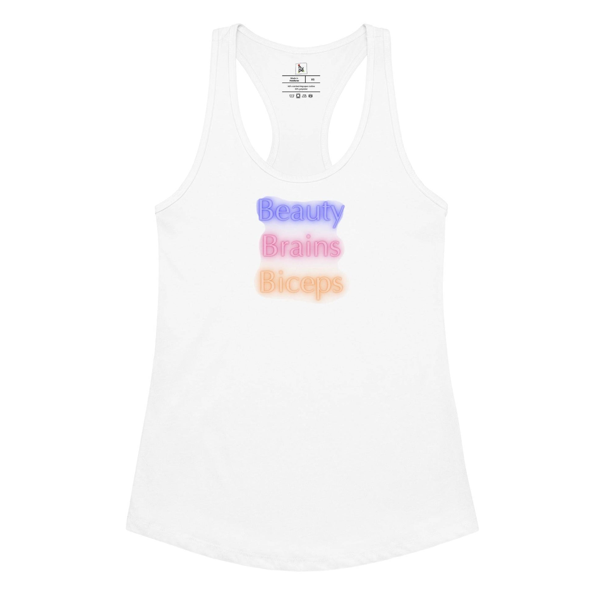 Women's Fitted Racerback Tank Top Celebrating Beauty, Brains, and Biceps for Active Women -